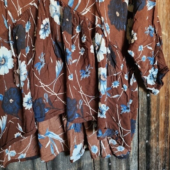 Faithfull the Brand Melia Babydoll Top Size XS Relaxed Fit Brown Blue Floral - Picture 4 of 6